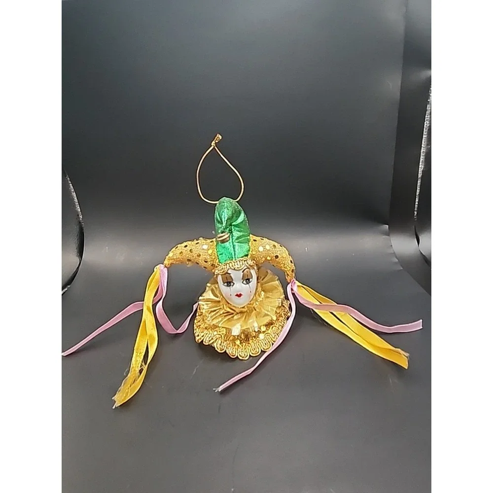 Jester Harlequin Clown Head Gold & Green Hand Painted Porcelain‎ Ornament/Magnet